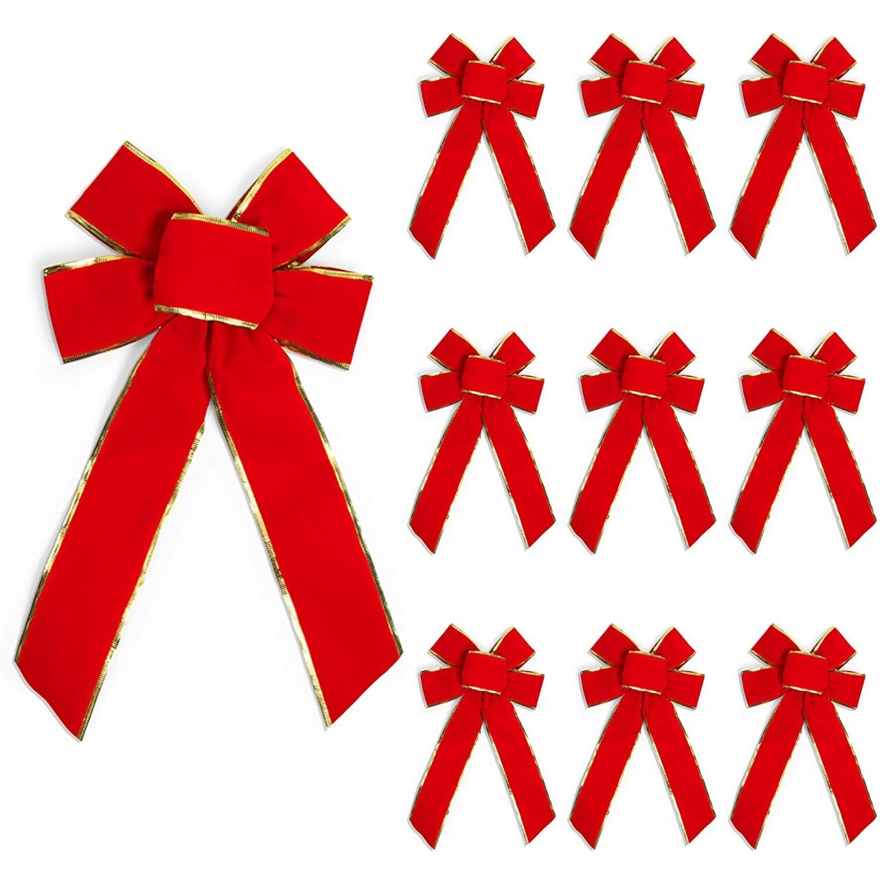 10 Pack Red Wreath Bows for Christmas Outdoor Decorations, Velvet Ribbons for Crafts, Xmas Holiday Gifts Present Wrapping, 9x16 in